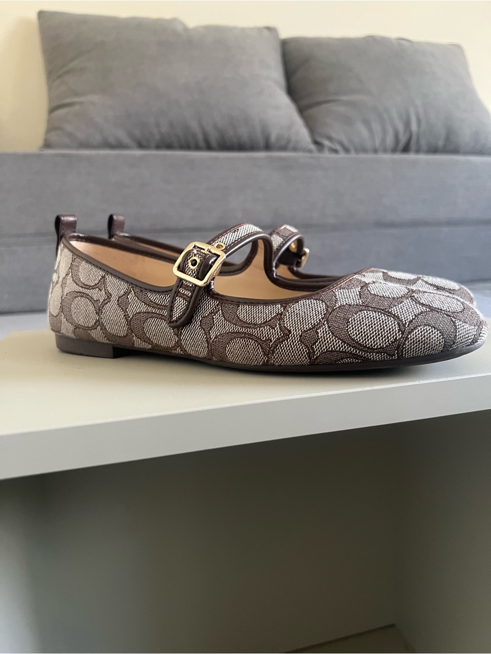 Coach Brown Signature Canvas Mary Jane Flats with Gold Buckle - Picture 5 of 9